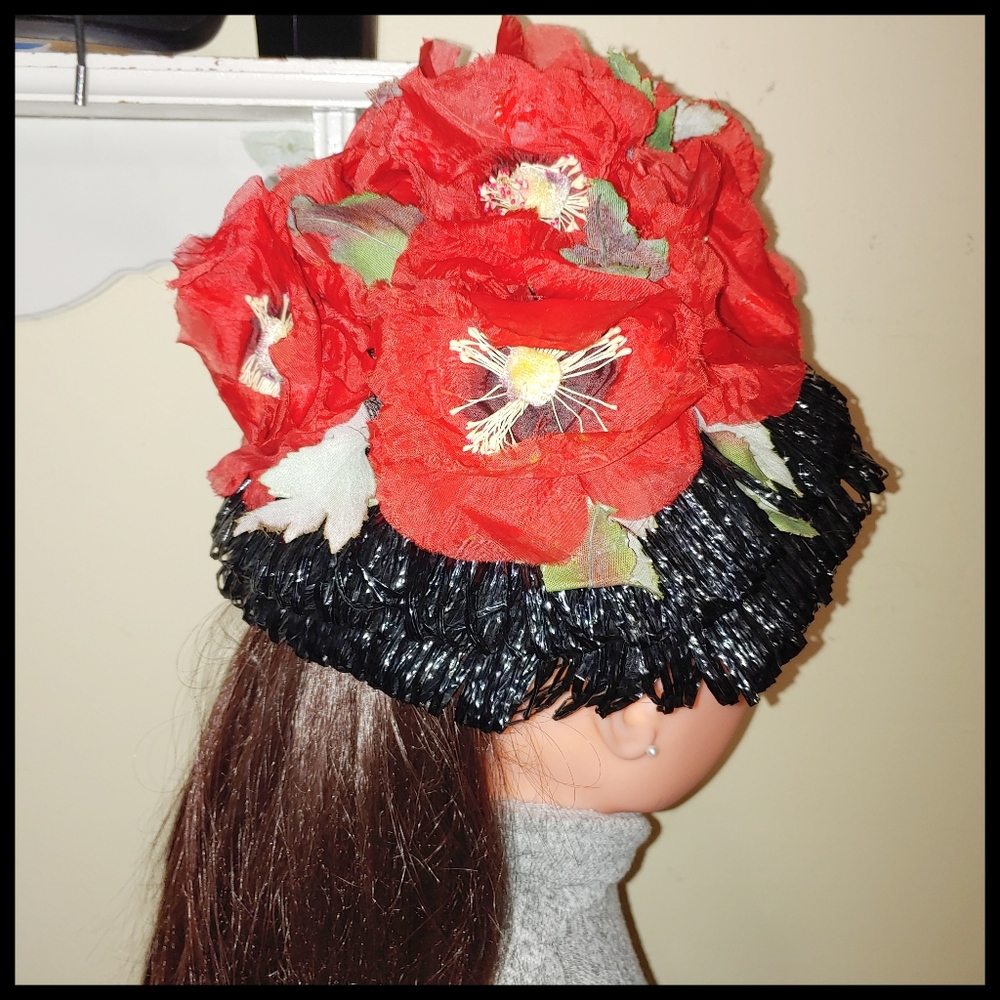 Vintage Union Made Black Cloche Hat with Fabric Poppies